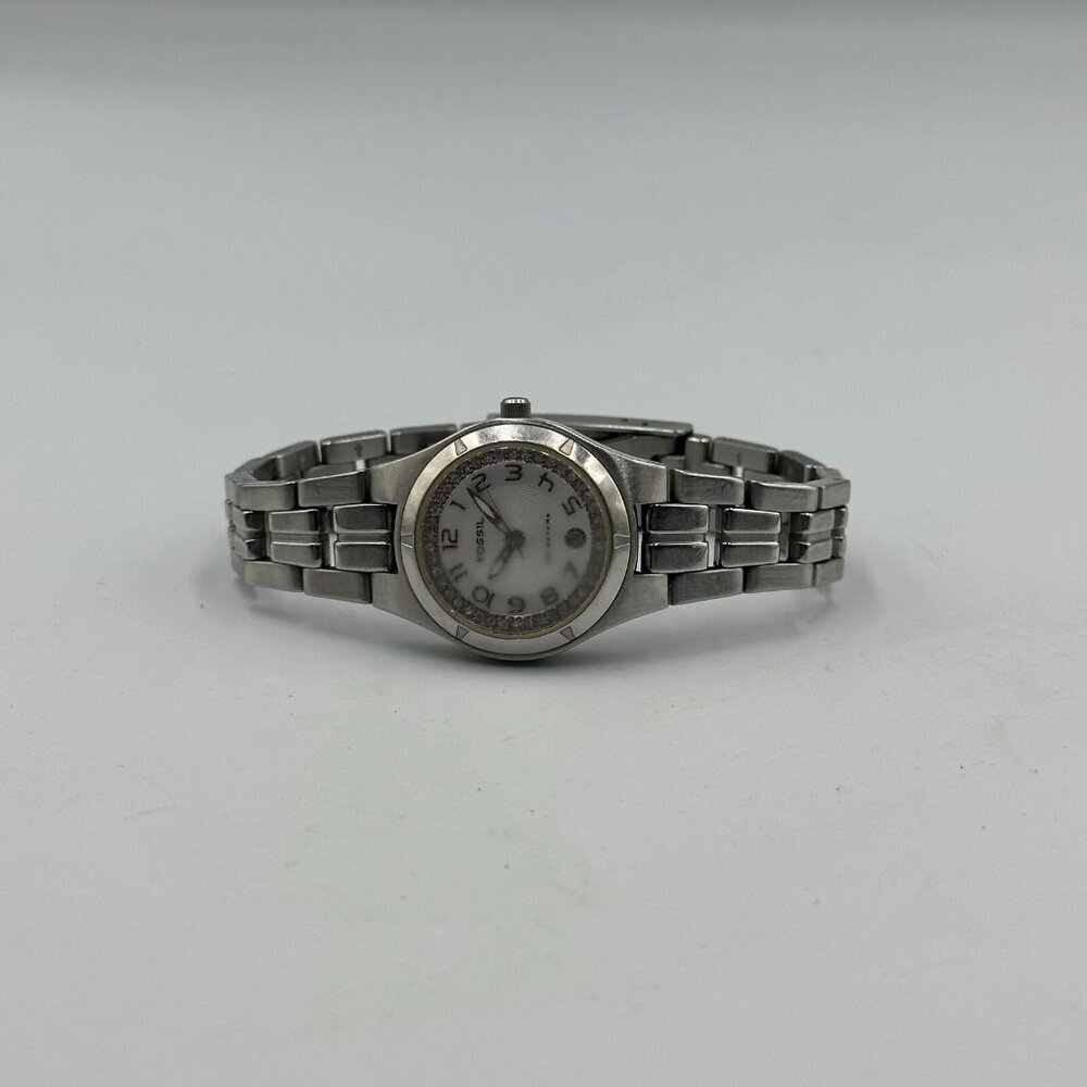 3/$30 Fossil Watch Women Silver Tone White Dial Date Flawed Crystal 7.25" - Picture 6 of 14